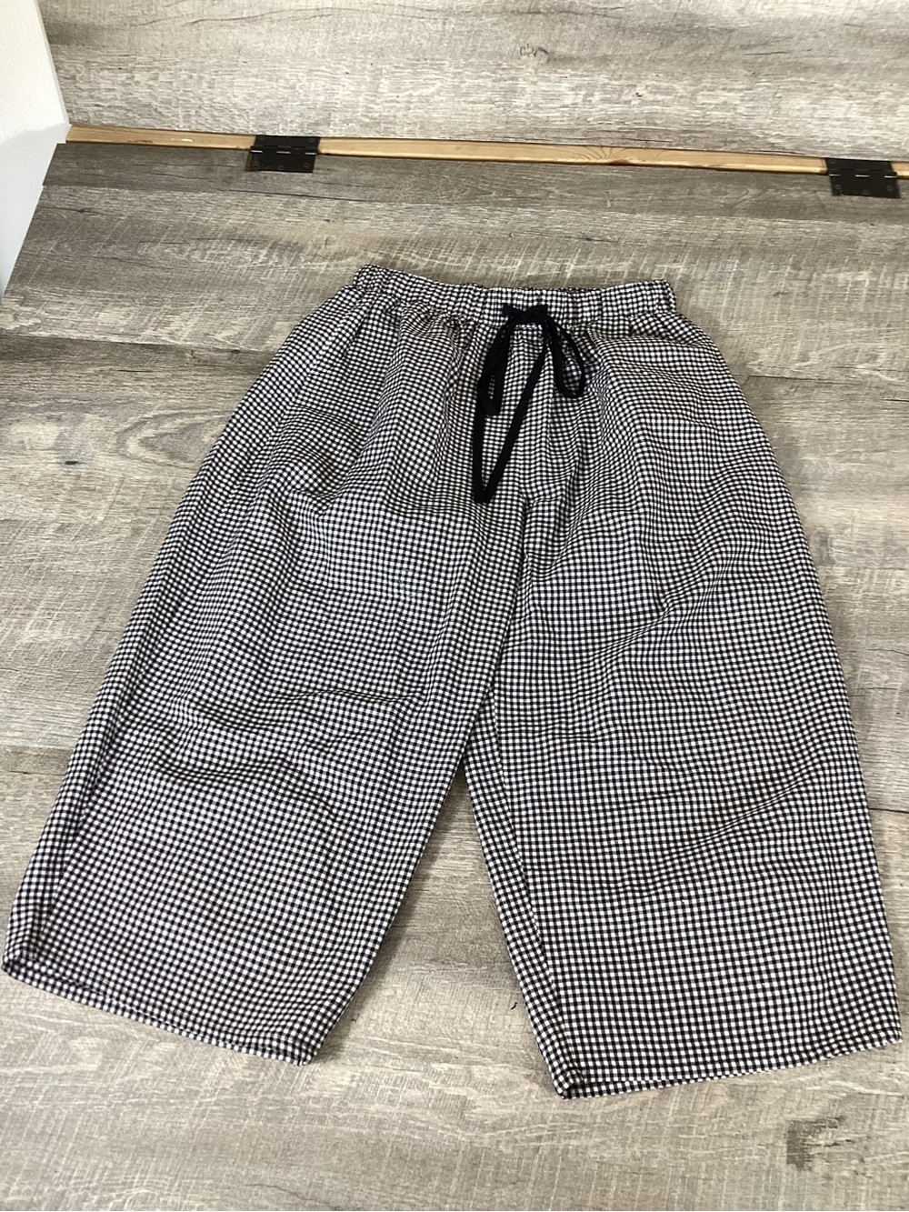 SooLinen Chef Style Gingham Wide Leg Cropped Pants Women Size L Black White new